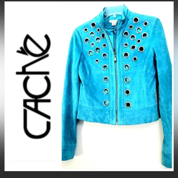 Vintage CACHE Turquoise Suede Leather Jacket w/Silver Gromets Size 4 - Picture 1 of 6